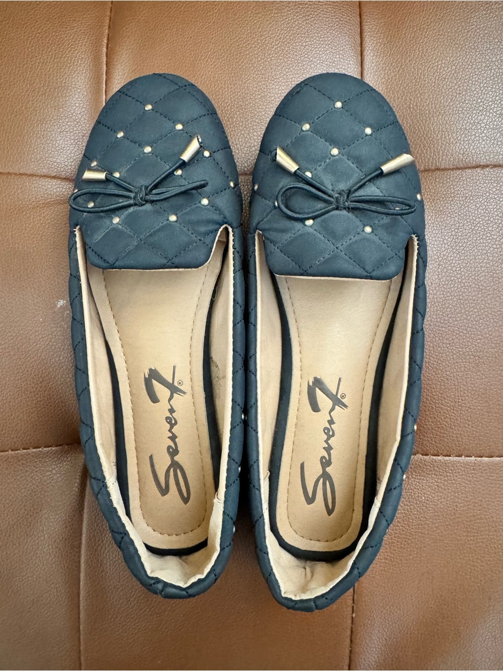 Seven 7 Black Quilted Bow Loafers with Gold Studs